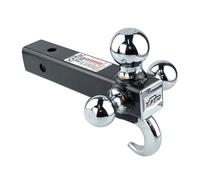 TOPTOW 64180 Trailer Receiver Hitch Triple Ball Mount with Hook Chrome Balls Fits for 2 inch Receiver Hollow Shank