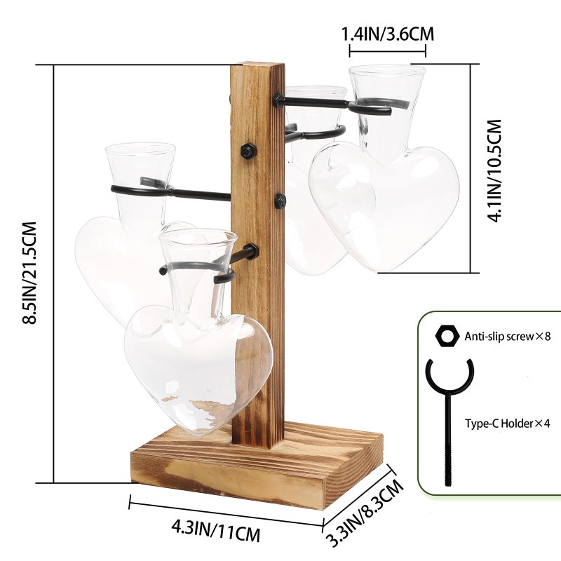CYZglass Plant Terrarium Propagation Stations with Wooden Stand, Glass Vase for Indoor Hydroponics Home Garden Office Decoration Gift for Women - 4 Love Bulb Vase - Image 2