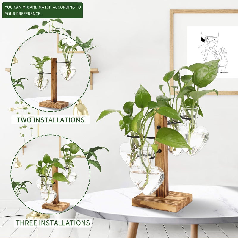 CYZglass Plant Terrarium Propagation Stations with Wooden Stand, Glass Vase for Indoor Hydroponics Home Garden Office Decoration Gift for Women - 4 Love Bulb Vase - Image 5