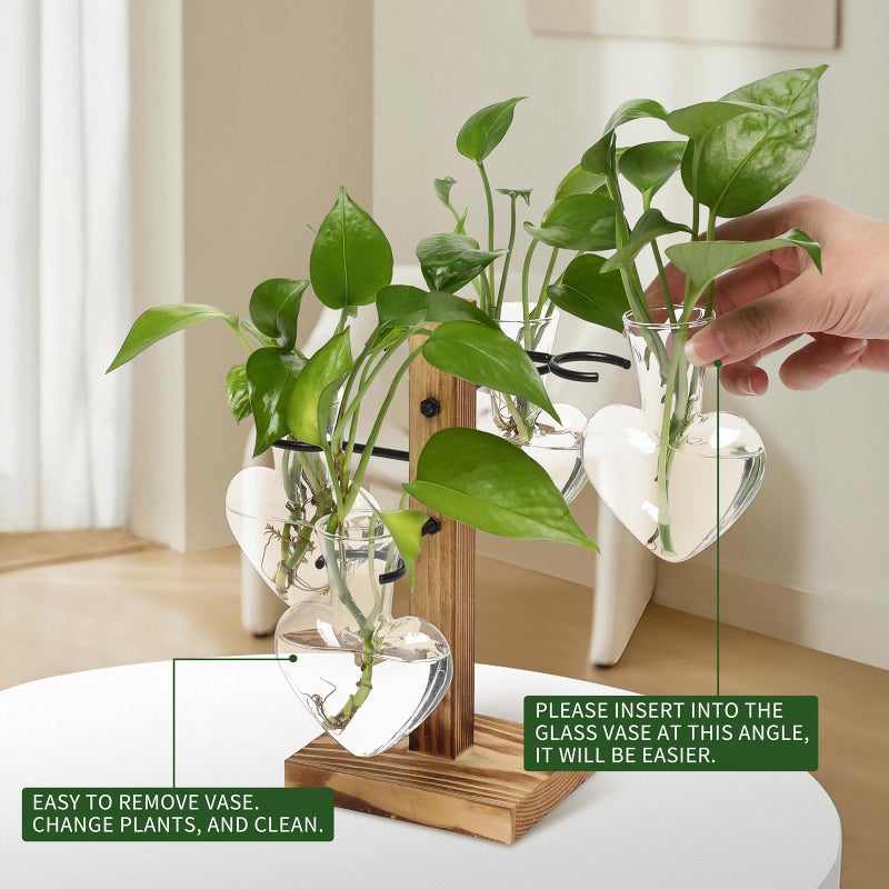 CYZglass Plant Terrarium Propagation Stations with Wooden Stand, Glass Vase for Indoor Hydroponics Home Garden Office Decoration Gift for Women - 4 Love Bulb Vase - Image 3