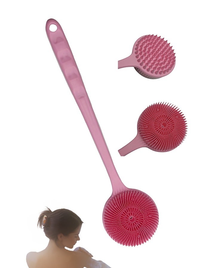 Beauenty Silicone Back Scrubber for Shower, Long Handle Body Brush for Men and Women, Double Sided Shower Brush for Shower Exfoliating and Massage, Pink - Image 1