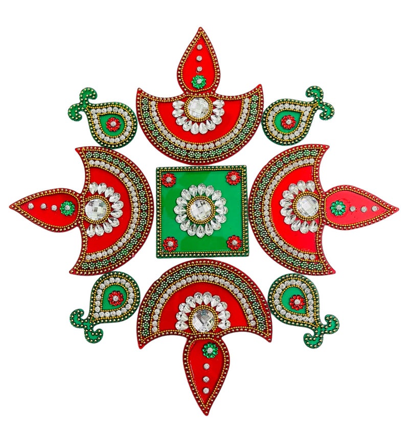 Moira Rangoli Big Acrylic Green & Red 9 pcs Set for Festival Decorations - Image 5