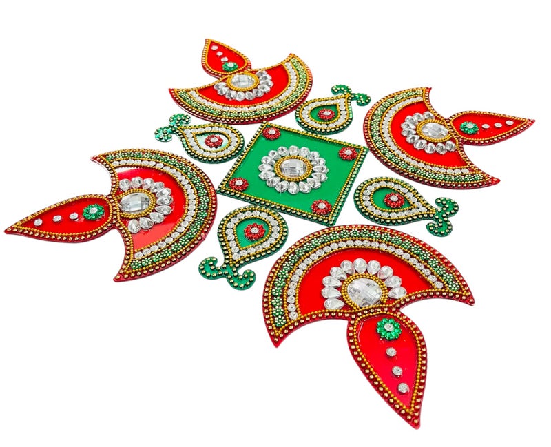 Moira Rangoli Big Acrylic Green & Red 9 pcs Set for Festival Decorations - Image 4