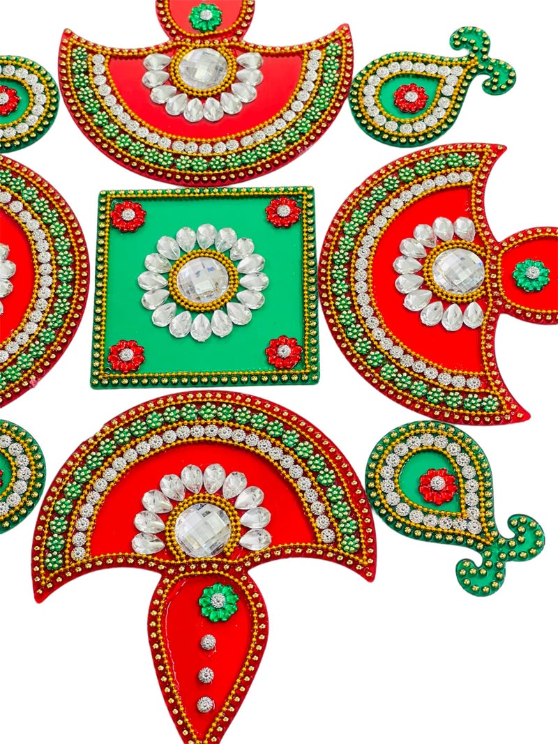 Moira Rangoli Big Acrylic Green & Red 9 pcs Set for Festival Decorations - Image 2