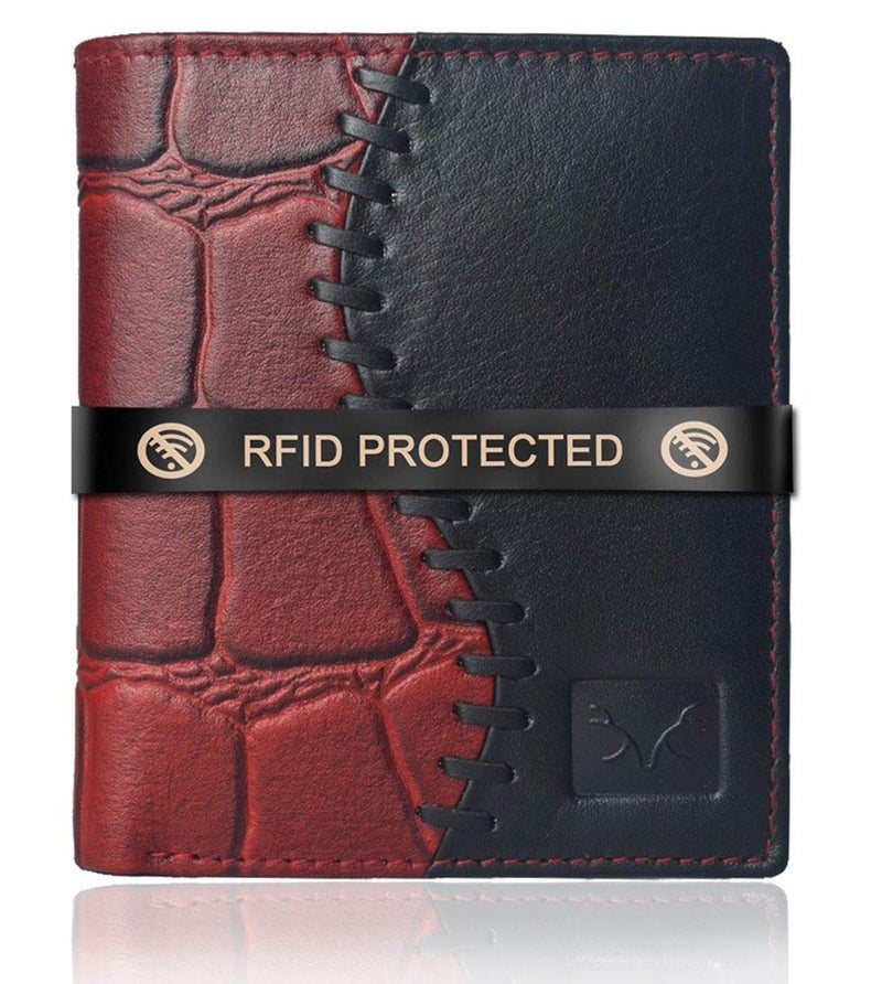 AL FASCINO Stylish RFID Protected Genuine Leather Wallet Mens, Cherry Maroon and Black - Image 1