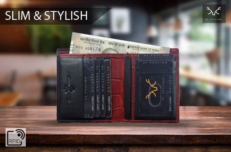 AL FASCINO Stylish RFID Protected Genuine Leather Wallet Mens, Cherry Maroon and Black - Image 4