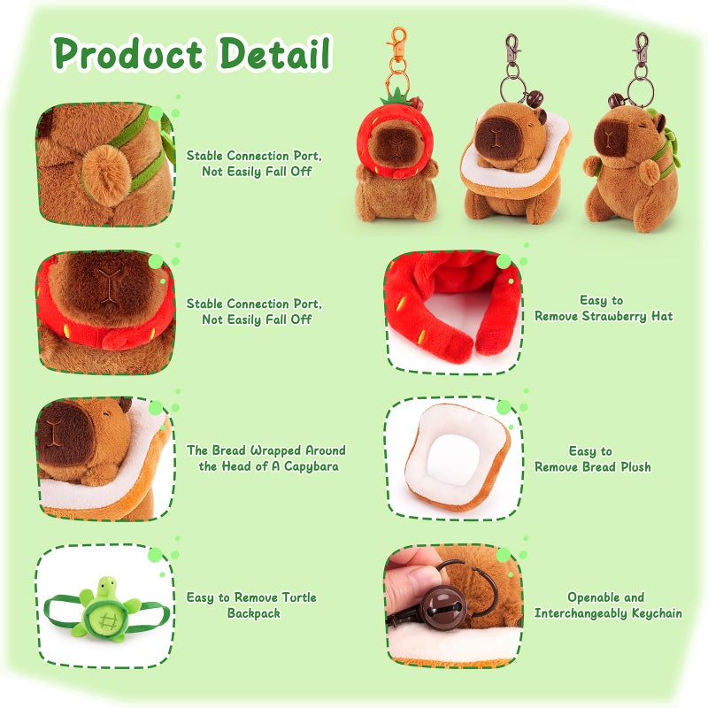 Achwishap 3PCS Capybara Plush Keychain,Cute Keychain Capybara Stuffed Animal,Capybara Plush Toys Key Chain,Kawaii Plushie Stuffed Toys for Kids Adults Birthday Gifts(Turtle,Strawberry Hat,Bread) - Image 4