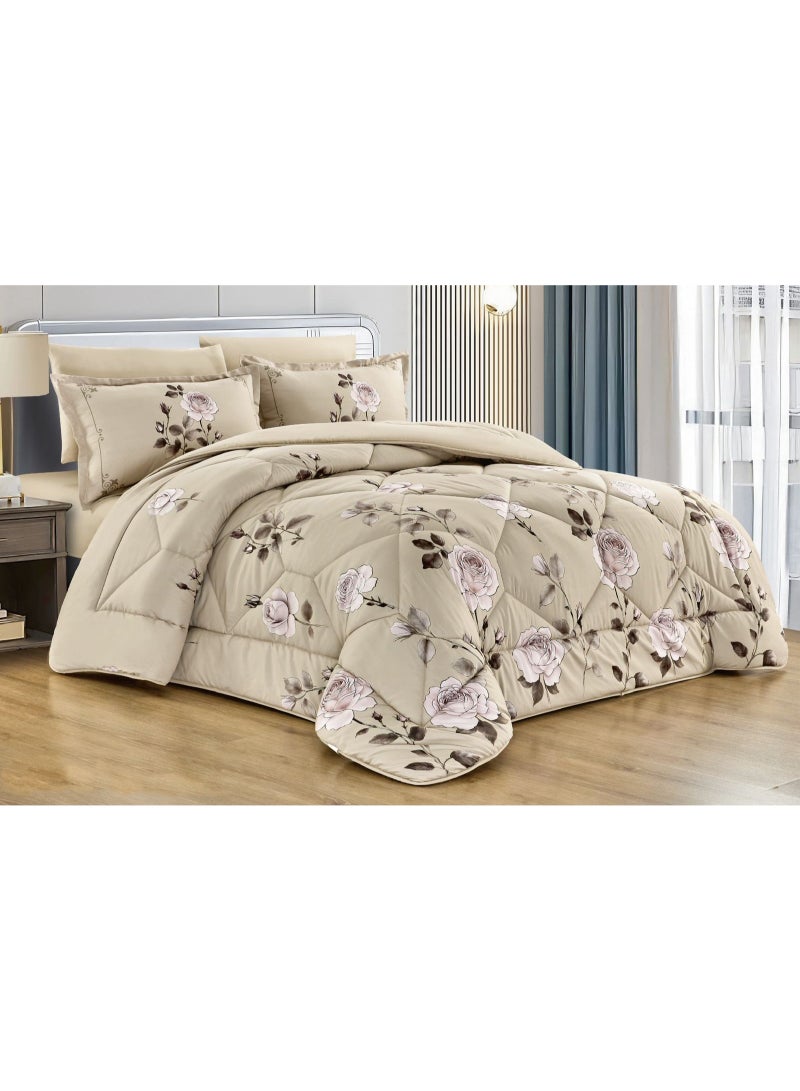 Floral Rose Print Comforter Set HC-SM-02, Beige