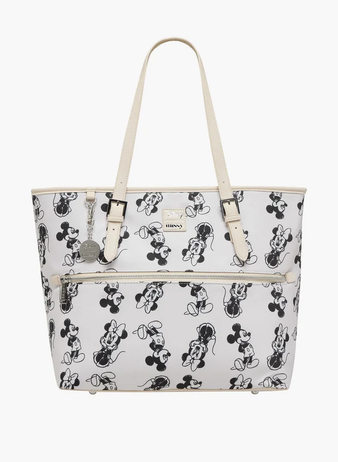 Disney Mickey and Minnie Mouse Print Tote Bag with Double Handle and Zip Closure