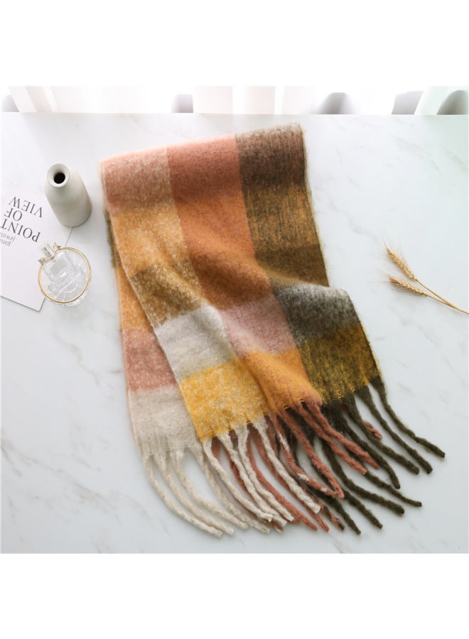 European And American Fashion Women's Scarf Winter Cashmere Circle Yarn Thickened Warm Shawl Rainbow Plaid Sching Tassel