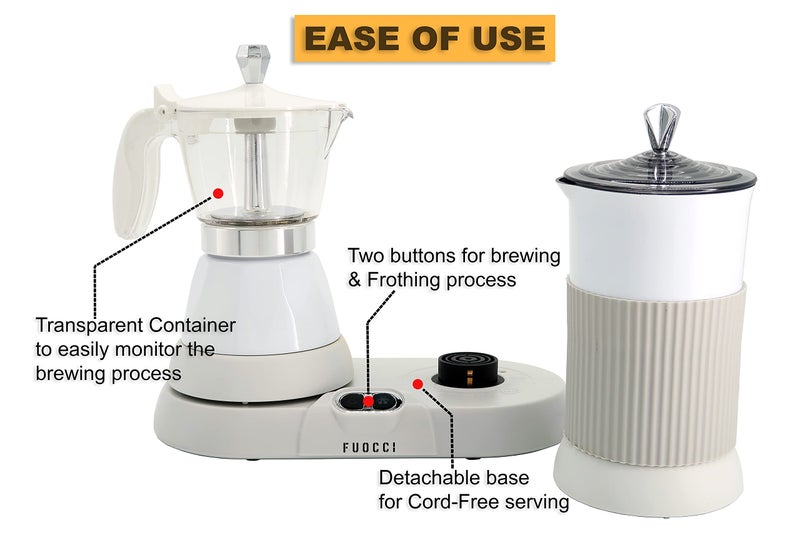 FUOCCI Electric Moka Pot with Milk Frother â€“ 3-Cup (150 ml) Modern Espresso Maker for Coffee, Cappuccino, Latte, Mocha & Cuban, White - Image 4