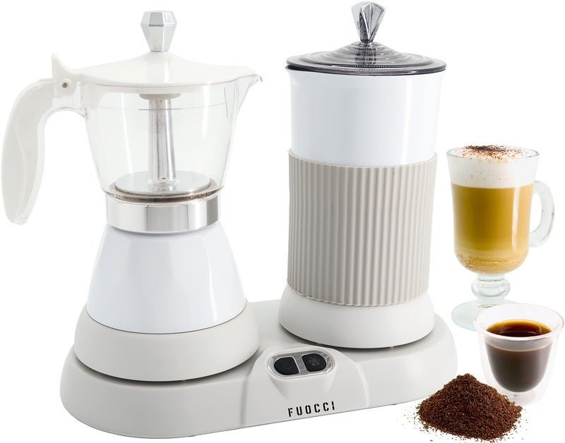 FUOCCI Electric Moka Pot with Milk Frother â€“ 3-Cup (150 ml) Modern Espresso Maker for Coffee, Cappuccino, Latte, Mocha & Cuban, White - Image 1