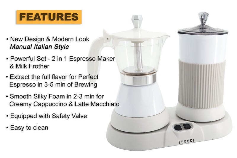 FUOCCI Electric Moka Pot with Milk Frother â€“ 3-Cup (150 ml) Modern Espresso Maker for Coffee, Cappuccino, Latte, Mocha & Cuban, White - Image 3