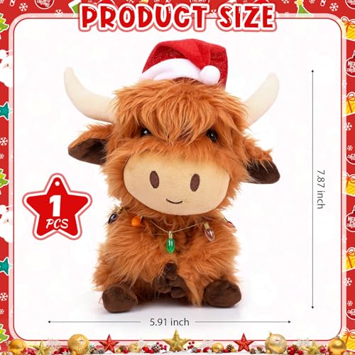 Seenelling Christmas Highland Cow Stuffed Animals 787 Inch Brown Highland Cow Plush Toy with Santa Hat Colorful Light Bulbs Cute Plushies Decorations for Xmas Holiday Kids Adults Boys Girls Gifts - Image 5