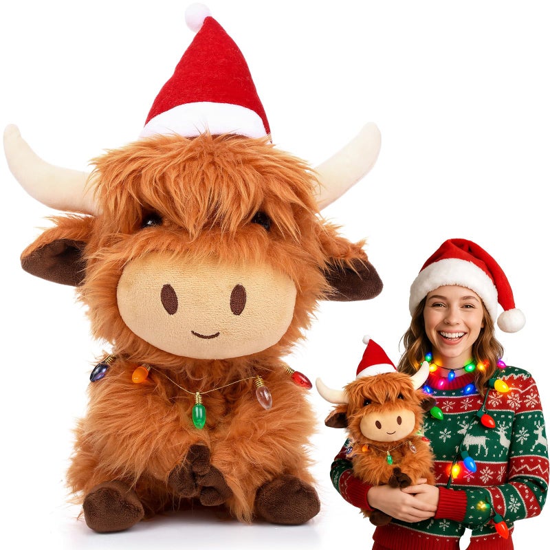 Seenelling Christmas Highland Cow Stuffed Animals 787 Inch Brown Highland Cow Plush Toy with Santa Hat Colorful Light Bulbs Cute Plushies Decorations for Xmas Holiday Kids Adults Boys Girls Gifts - Image 3