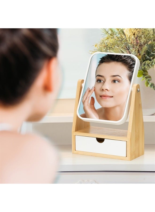 Vanity Makeup Mirror with Storage, 1X/3X Double Sided Magnifying Mirror with Adjustable Natural Bamboo Stand,Portable Small Table Desk Countertop Mirror, Bathroom Shaving Mirror(Rectangular)