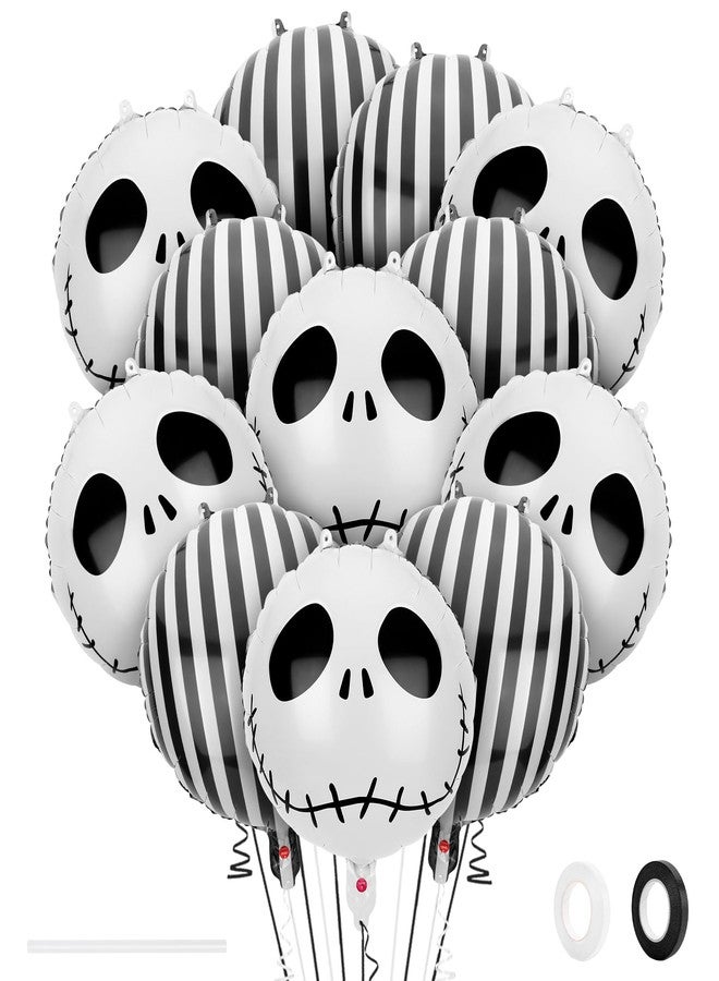 12 بالونًا من رقائق معدنية مخططة باللونين الأسود والأبيض على شكل جمجمة للهالوين (18 بوصة) - زينة لحفلات أعياد الميلاد ذات طابع كابوس، أو حفلات استقبال المولود الجديد، أو حفلات يوم الموتى، أو ديكورات داخلية وخارجية - Image 1