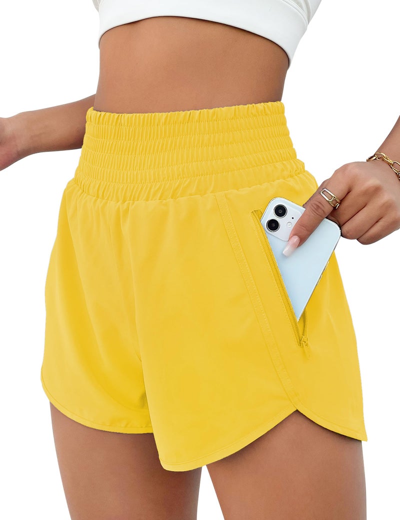BMJL Women's Athletic Shorts High Waisted Running Short Pocket 2.5" Sporty Shorts Gym Elastic Workout Shorts(M,Bright Yellow) - Image 1