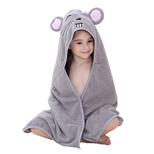 MICHLEY MICHLEY Animal Hooded Baby Towel Washcloth, Toddler Premium Cotton Absorbent Bathrobe for Girls Boys 0-6T (Mouse)  - Image 1