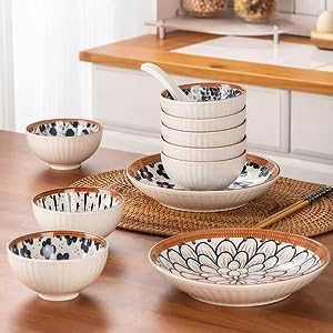 Eletree Ceramic Japanese Style Bowls Serving for Pasta,Salad,Noodle,Rice,Snack,Ice Cream,Soup,Dinner Colorful Kitchen Bowls Sets Beautiful Gift Box Packed (6 Plate+ 12 Bowl) - Image 5