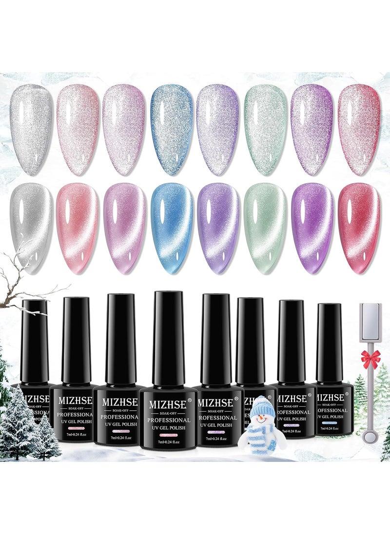 MIZHSE - MIZHSE Cat Eye Gel Nail Polish, 8 Colors Smoothie Magnetic Gel Polish Kit with Magnet Stick, Holographic Glitter Galaxy Winter Colors Silver Purple Pink Soak Off Nail Art Salon Home Manicure Gift - Image 1