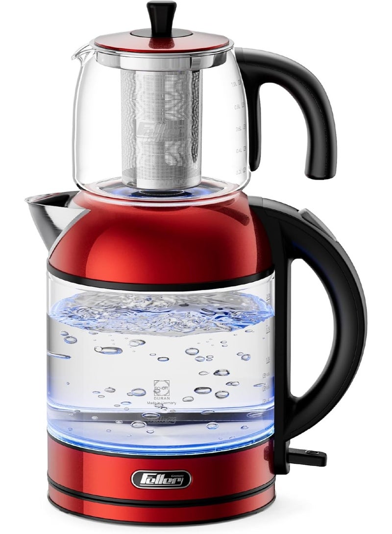 Feller Germany TS289 2-in-1 Tea Maker, 2L German Schott Glass Kettle + 1L Teapot, 2200W Strix Control, Keep Warm, BPA Free, Stainless Steel Filter (Red) - Image 1