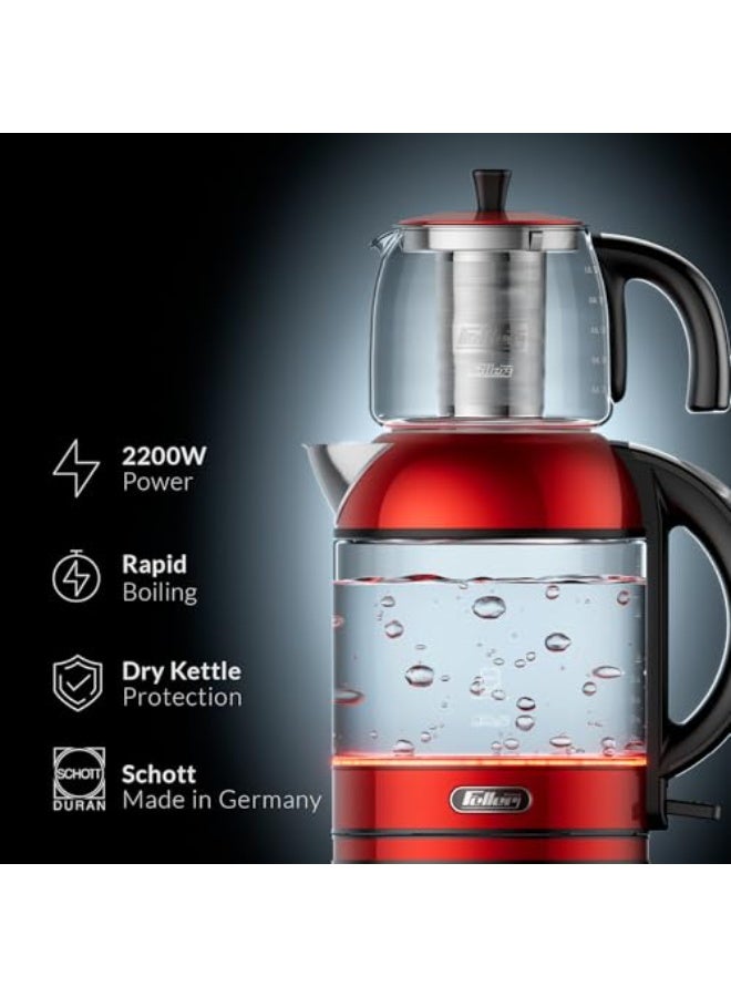 Feller Germany TS289 2-in-1 Tea Maker, 2L German Schott Glass Kettle + 1L Teapot, 2200W Strix Control, Keep Warm, BPA Free, Stainless Steel Filter (Red) - Image 2
