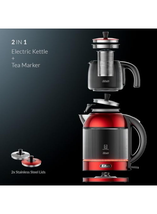 Feller Germany TS289 2-in-1 Tea Maker, 2L German Schott Glass Kettle + 1L Teapot, 2200W Strix Control, Keep Warm, BPA Free, Stainless Steel Filter (Red) - Image 4