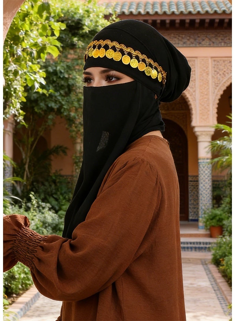 نقاب نسائي شيفون أسود مزين بعملات ذهبية - غطاء وجه حجاب خفيف الوزن قابل للتنفس قابل للتعديل للصلاة والاستخدام اليومي - Image 2