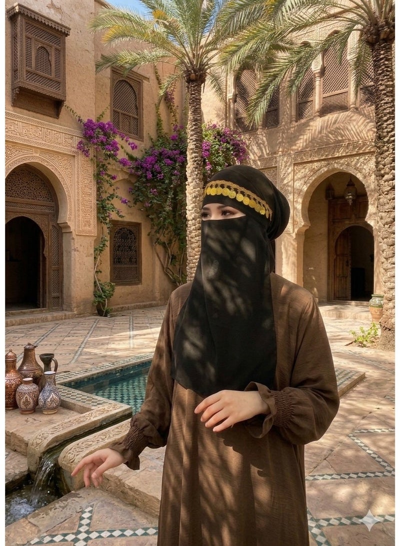 نقاب نسائي شيفون أسود مزين بعملات ذهبية - غطاء وجه حجاب خفيف الوزن قابل للتنفس قابل للتعديل للصلاة والاستخدام اليومي - Image 1