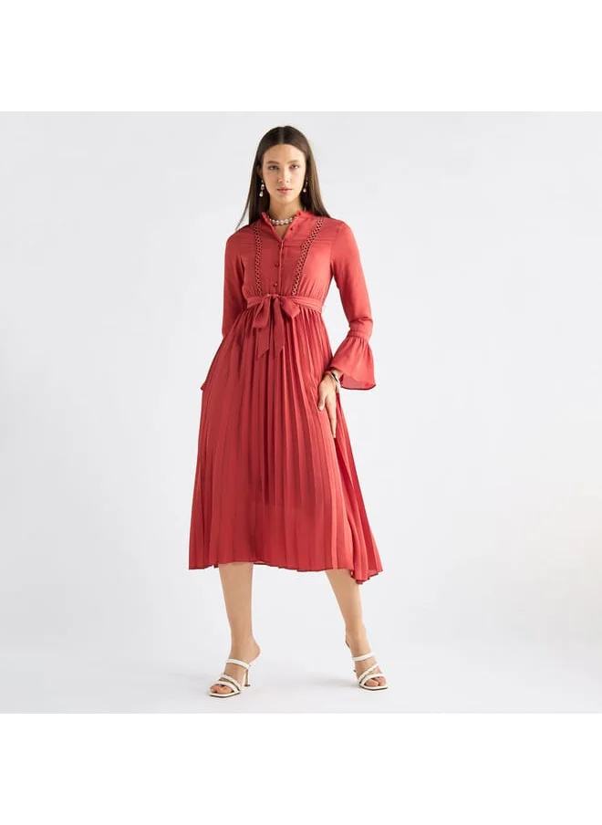 FAV Solid Pleated Mandarin Collar Dress with Bell Sleeves and Tie-Up Belt