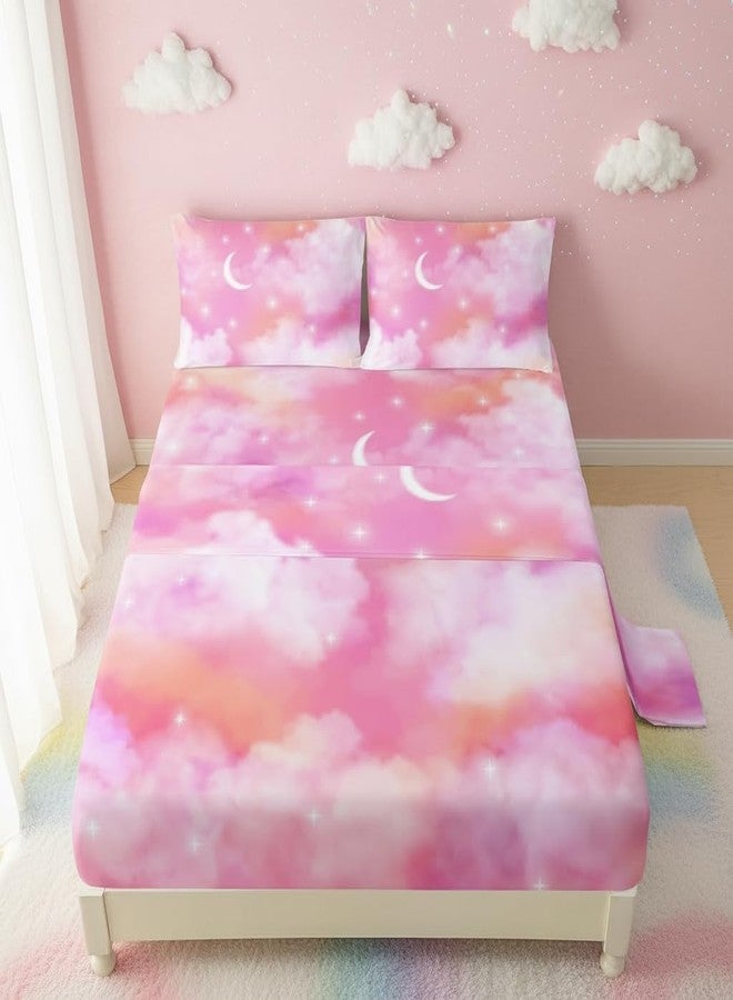 QOOMO Cloud Print Kids Sheet Set,Moon Stars Bedding Set Lightweight for All Seasons Queen Size,Pink Sets for Room Decoration,1 Fitted Sheet,1 Flat Sheet,2 Pillow Cases - Image 1