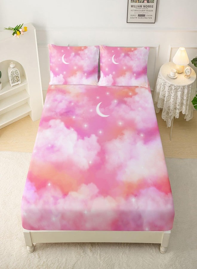 QOOMO Cloud Print Kids Sheet Set,Moon Stars Bedding Set Lightweight for All Seasons Queen Size,Pink Sets for Room Decoration,1 Fitted Sheet,1 Flat Sheet,2 Pillow Cases - Image 4
