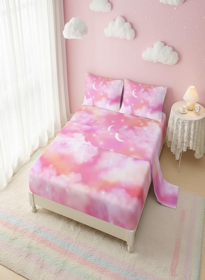 QOOMO Cloud Print Kids Sheet Set,Moon Stars Bedding Set Lightweight for All Seasons Queen Size,Pink Sets for Room Decoration,1 Fitted Sheet,1 Flat Sheet,2 Pillow Cases - Image 2