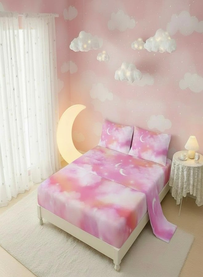 QOOMO Cloud Print Kids Sheet Set,Moon Stars Bedding Set Lightweight for All Seasons Queen Size,Pink Sets for Room Decoration,1 Fitted Sheet,1 Flat Sheet,2 Pillow Cases - Image 3