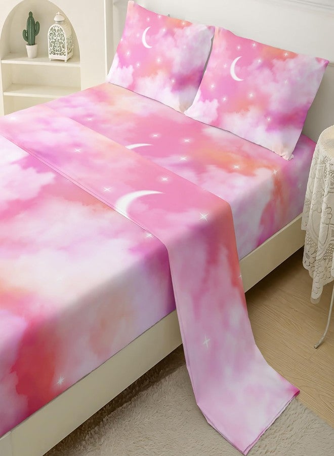 QOOMO Cloud Print Kids Sheet Set,Moon Stars Bedding Set Lightweight for All Seasons Queen Size,Pink Sets for Room Decoration,1 Fitted Sheet,1 Flat Sheet,2 Pillow Cases - Image 5