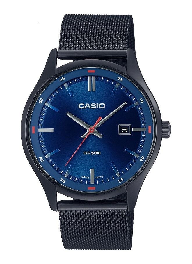 CASIO Casio Men Watch Analog Date Display Blue Dial Stainless Steel Mesh Band Black Ion Plated Case and Band MTP-E710MB-2AVDF  - Image 1
