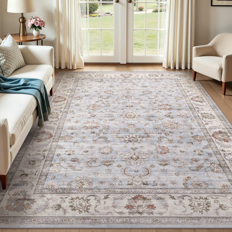 WITSHOCK 5x7 Washable Area Rug Vintage Rug Traditional Floor Cover Rugs for Living Room Bedroom Kitchen Accent NonSlip Stain Low Pile Resistant Floor Carpet Light Blue - Image 2