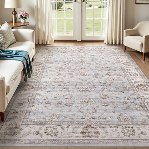 WITSHOCK 5x7 Washable Area Rug Vintage Rug Traditional Floor Cover Rugs for Living Room Bedroom Kitchen Accent NonSlip Stain Low Pile Resistant Floor Carpet Light Blue - Image 1