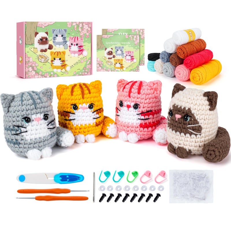 Crochet Kit for Beginners 4 PCS Cat Crochet Kit with StepbyStep Video Tutorials Learn to Crochet Kits for Adults Beginner Crochet Kits for Adults Animals Cat Crafts Knitting Kit Galentines Gifts