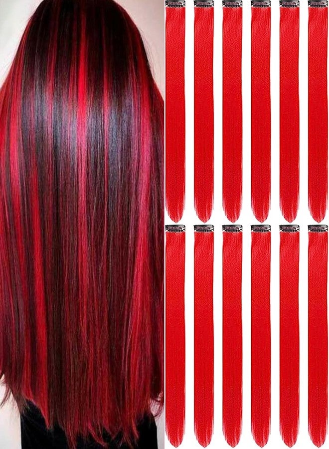 Olldag 12 PCS Red Hair Extensions Clip in, 22 Inch Colored Hair Extensions Party Highlights Long Straight Synthetic Hairpieces for Women Kids Girls Cosplay - Image 1