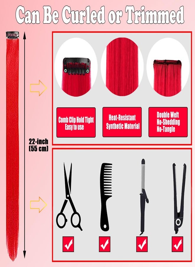 Olldag 12 PCS Red Hair Extensions Clip in, 22 Inch Colored Hair Extensions Party Highlights Long Straight Synthetic Hairpieces for Women Kids Girls Cosplay - Image 4