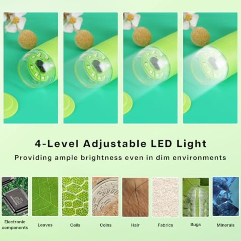 مجهر GreenPeek، MiniScope محمول لشاشة 2 بوصة، مجهر رقمي صغير محمول للجيب 1000x لبطاقة 16 جيجابايت، مجموعة العلوم التعليمية، هدية للأخضر الفاتح - Image 4