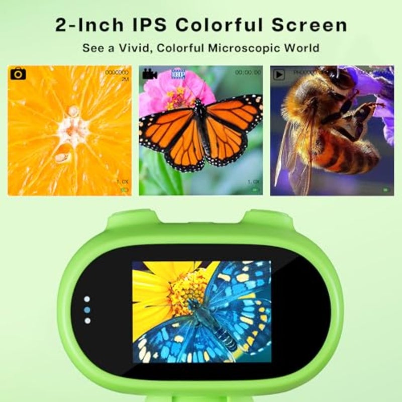 مجهر GreenPeek، MiniScope محمول لشاشة 2 بوصة، مجهر رقمي صغير محمول للجيب 1000x لبطاقة 16 جيجابايت، مجموعة العلوم التعليمية، هدية للأخضر الفاتح - Image 2