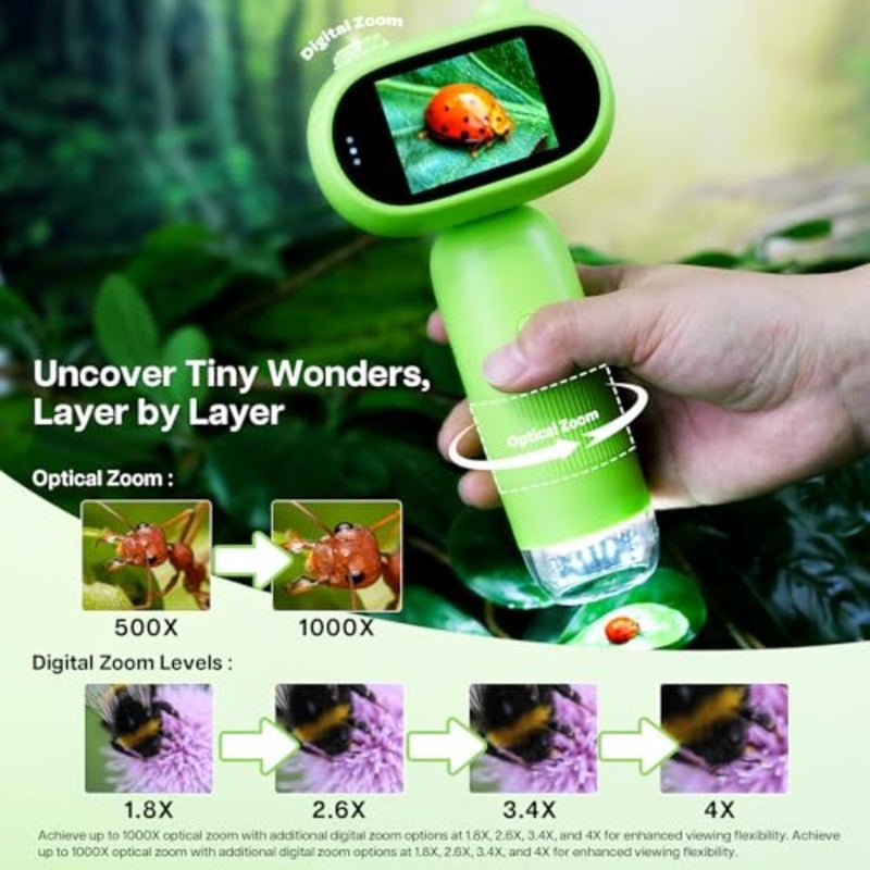 مجهر GreenPeek، MiniScope محمول لشاشة 2 بوصة، مجهر رقمي صغير محمول للجيب 1000x لبطاقة 16 جيجابايت، مجموعة العلوم التعليمية، هدية للأخضر الفاتح - Image 3