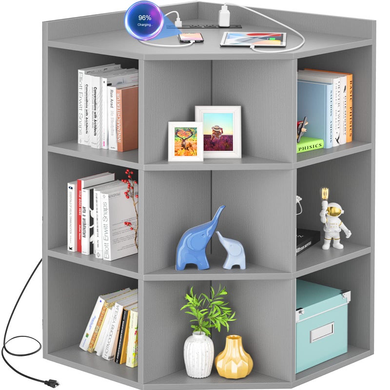Aheaplus Aheaplus Corner Cabinet Corner Storage with USB Ports and Outlets Corners Cube Toy Storage for Small Space Wooden Corners Cubby Bookshelf with 9 Cubes for Playroom Bedroom Living Room Grey 