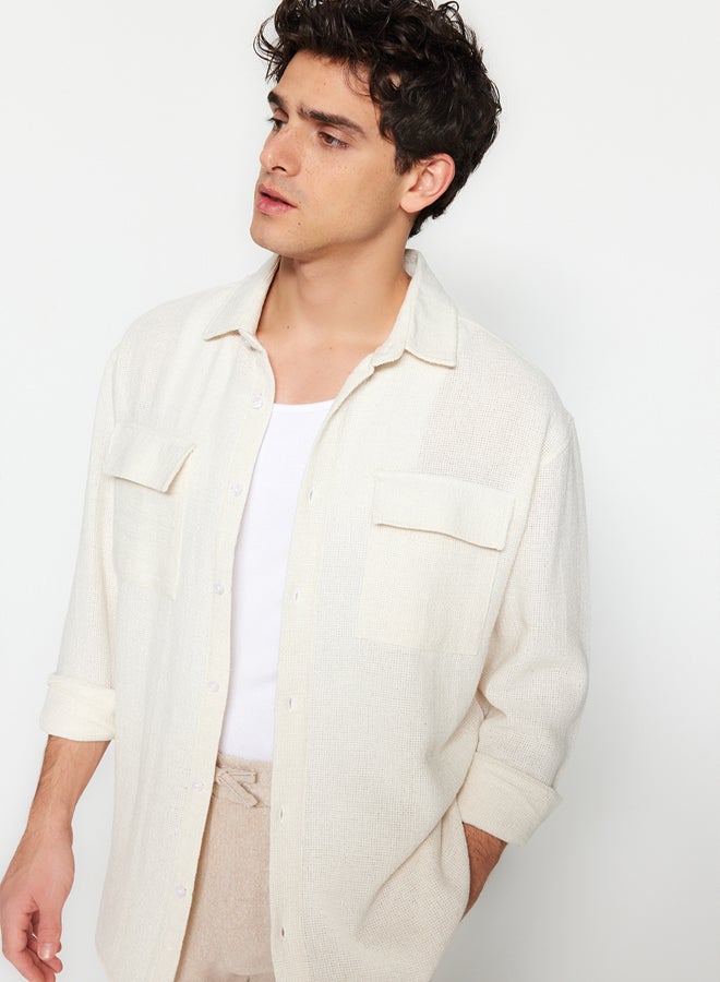trendyol Ecru Oversize Fit Linen Textured Double Pocket Jacket Shirt TMNSS23GO00089 - Image 3