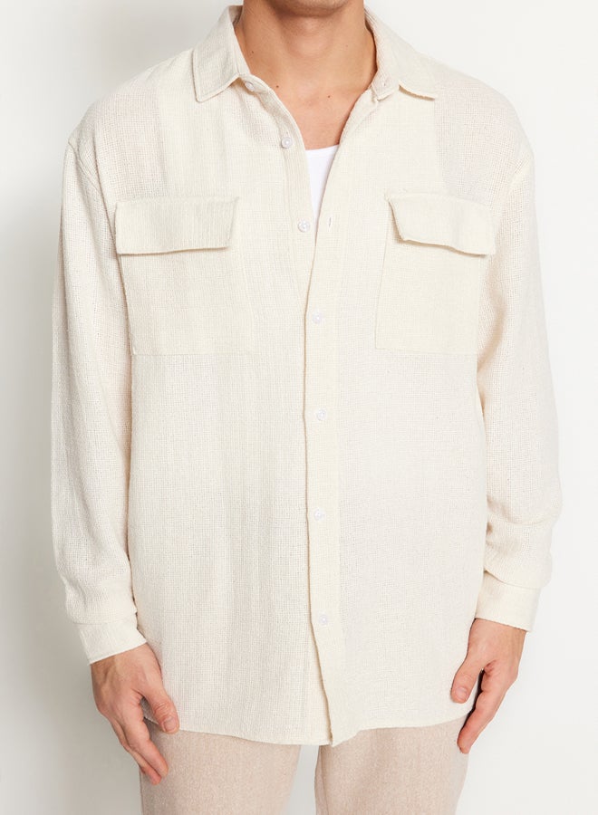 trendyol Ecru Oversize Fit Linen Textured Double Pocket Jacket Shirt TMNSS23GO00089 - Image 5
