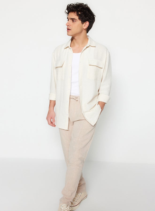 trendyol Ecru Oversize Fit Linen Textured Double Pocket Jacket Shirt TMNSS23GO00089 - Image 4