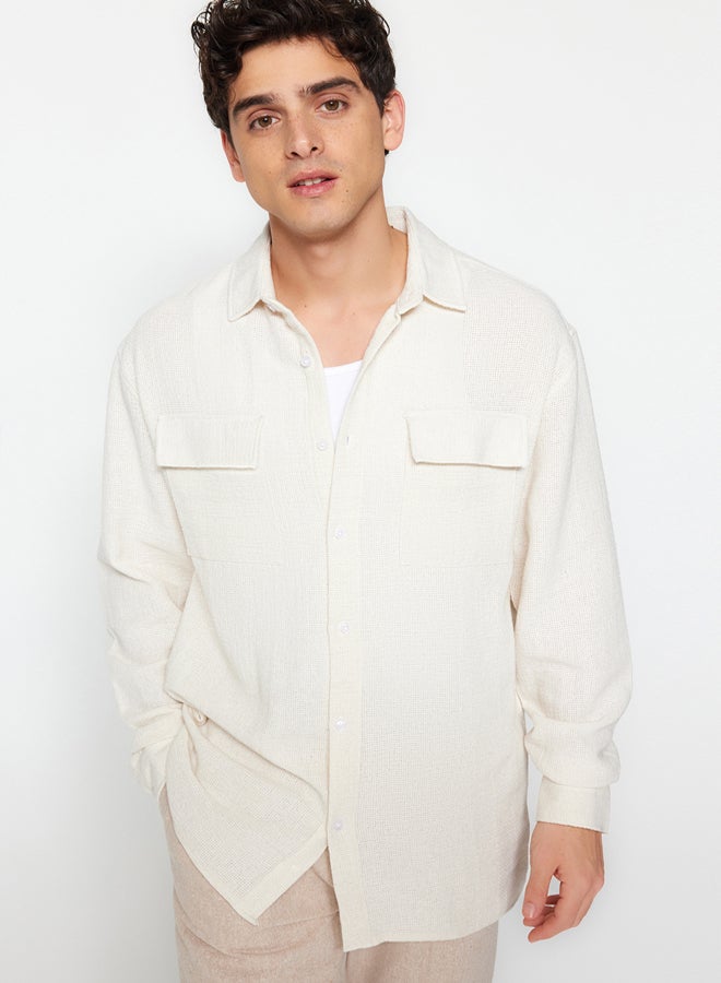 trendyol Ecru Oversize Fit Linen Textured Double Pocket Jacket Shirt TMNSS23GO00089 - Image 2